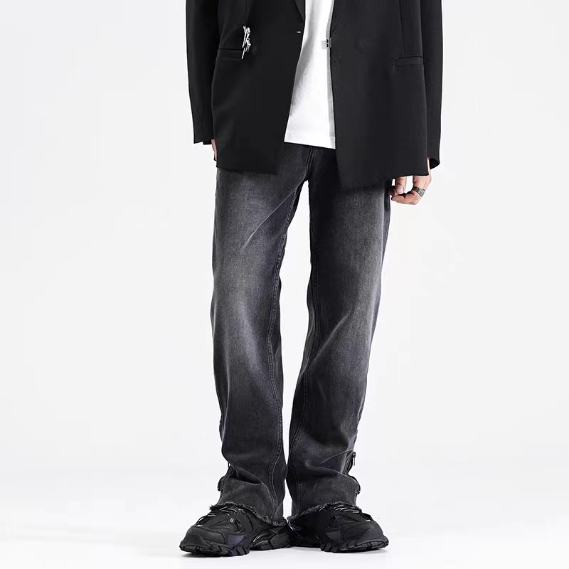 冬季黑色牛仔裤男款直筒2023新款男裤高街宽松加厚微喇裤子秋冬款