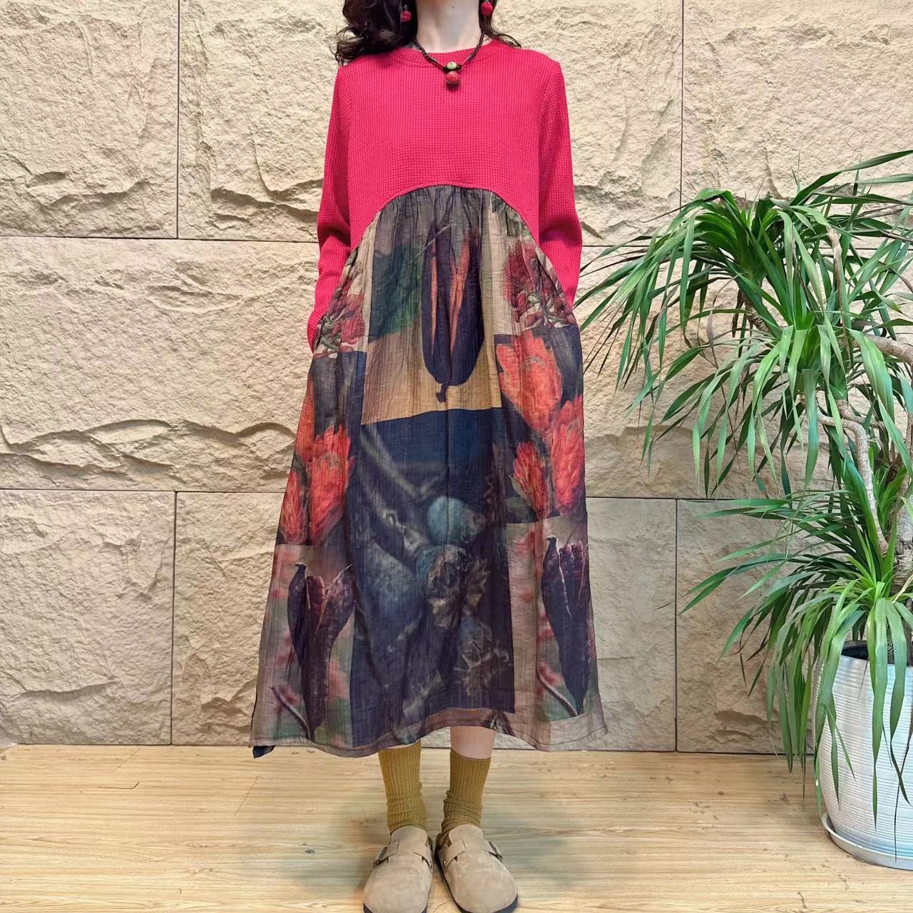 5894秋季新款大码红色针织拼接方格印花时尚百搭气质减龄裙显瘦裙