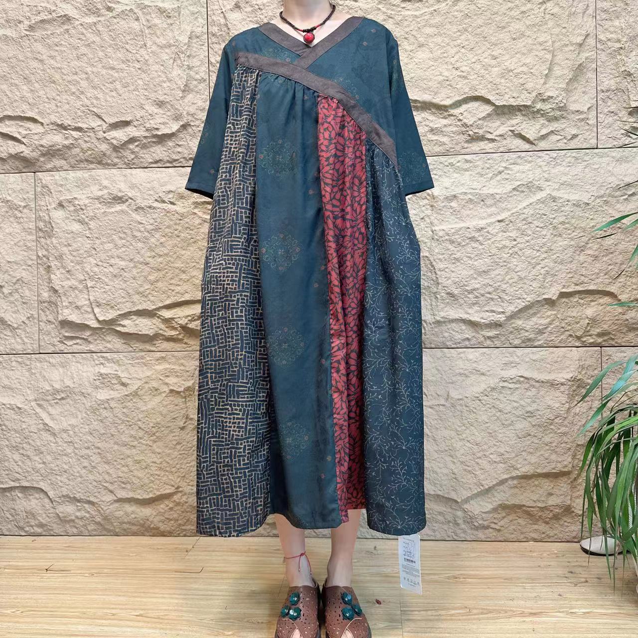 5637【相北玲】均码新款文艺优雅时尚气质A字版印花长款大摆连衣裙