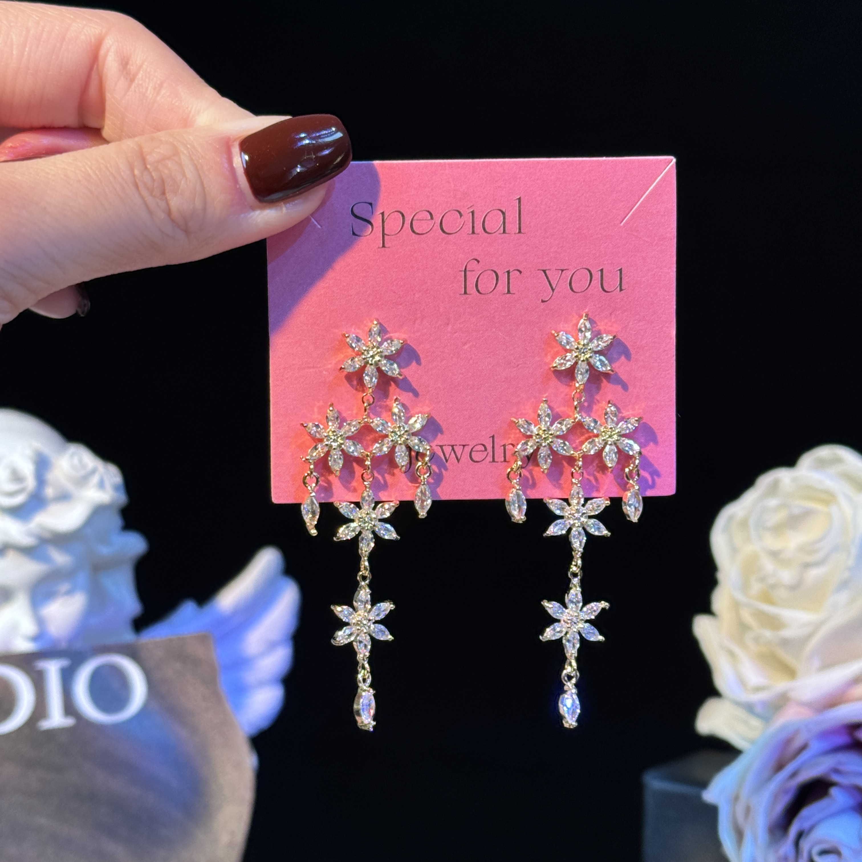 铜合金耳饰 执颜】超仙锆石花朵长款流苏耳环甜美小众时尚精致耳坠