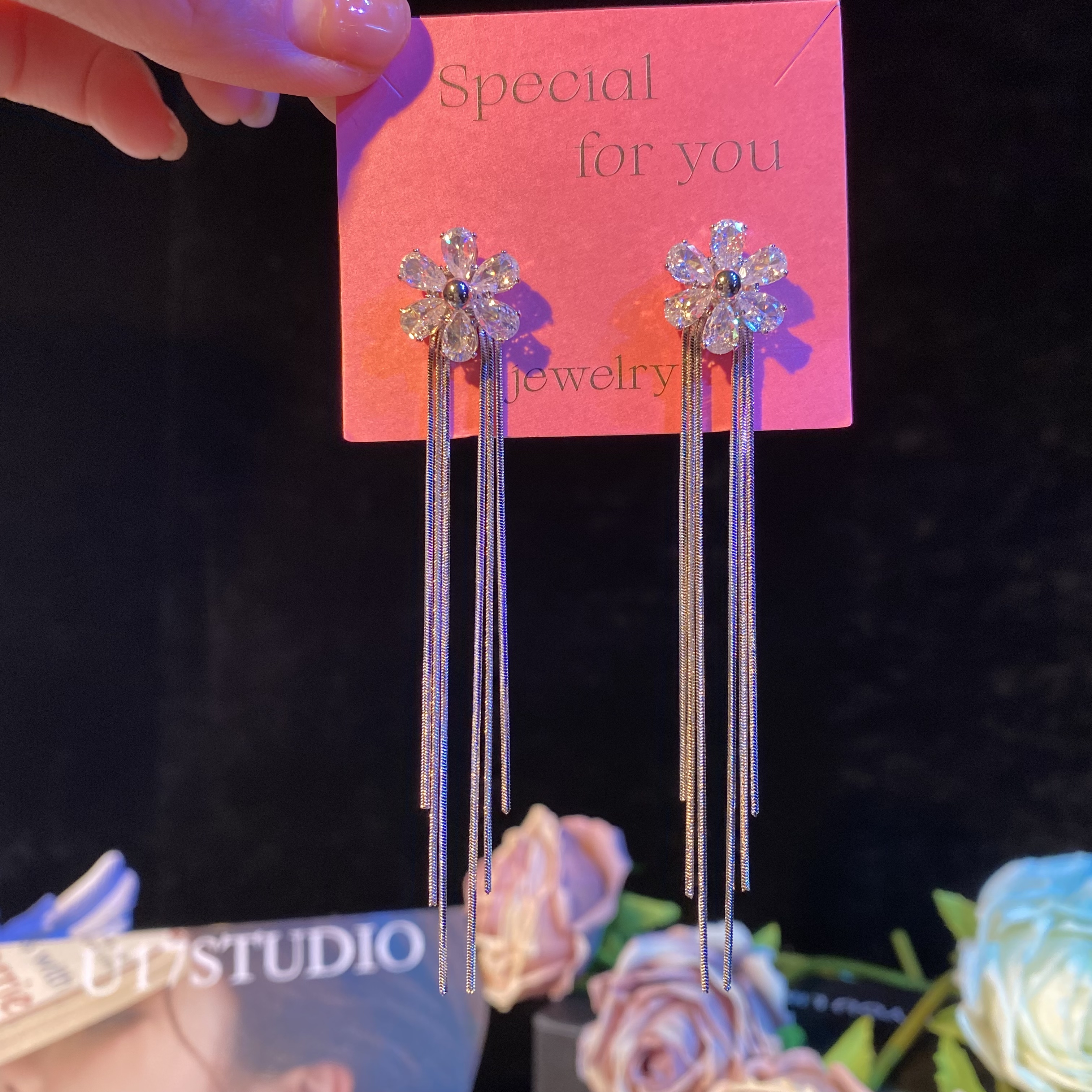 铜合金耳饰 琳娜】超闪锆石花朵长款流苏耳环轻奢气质时尚超仙耳钉