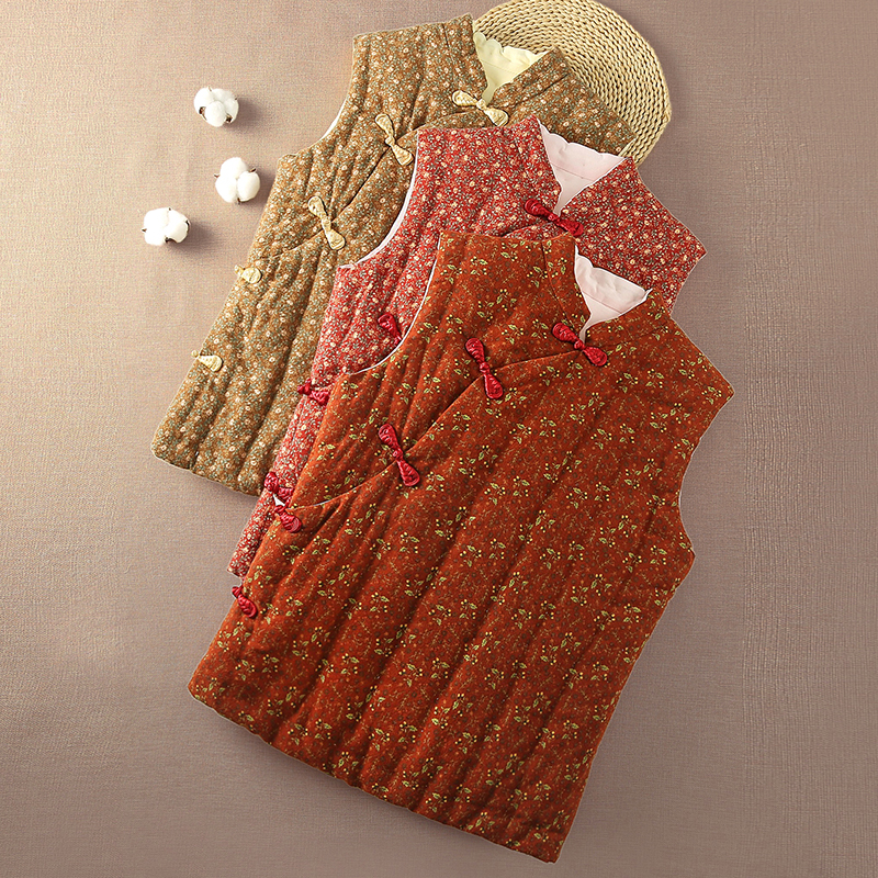 女士棉花手工盘扣马甲中国风复古中式马夹加厚保暖棉外穿坎肩冬