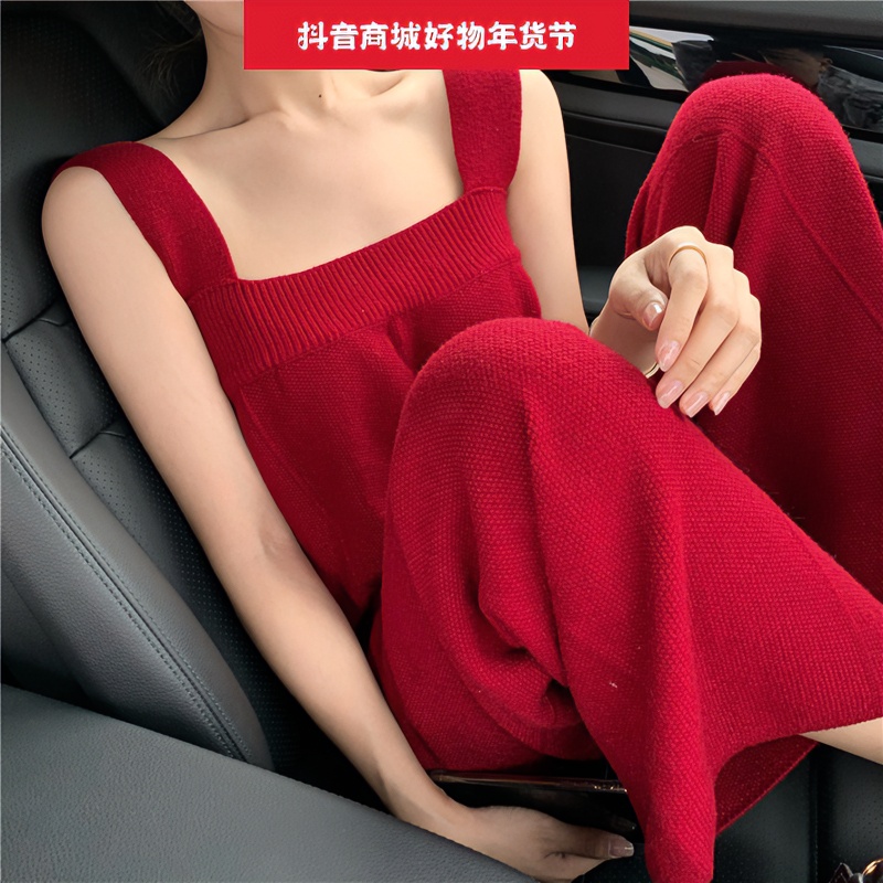 气质洋气复古打底裤女宽松秋冬减龄内搭时尚连体裤加厚红色阔腿裤