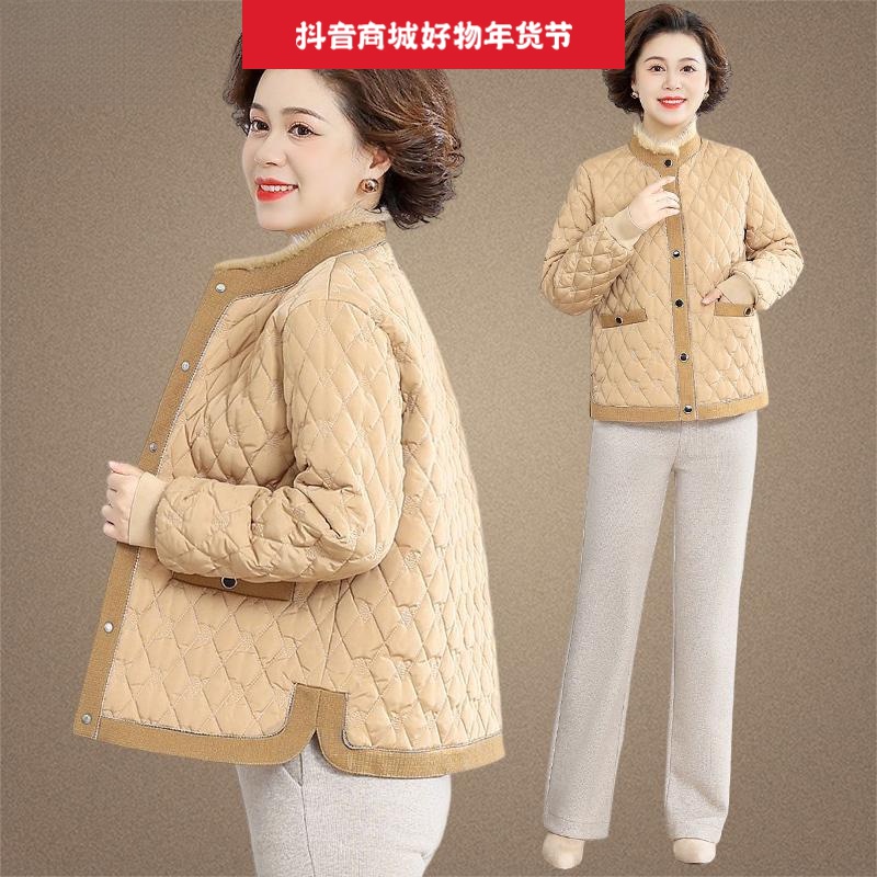 小个子妈妈加绒外套小香风轻薄棉服夹棉衣服中老年女冬季棉袄加厚