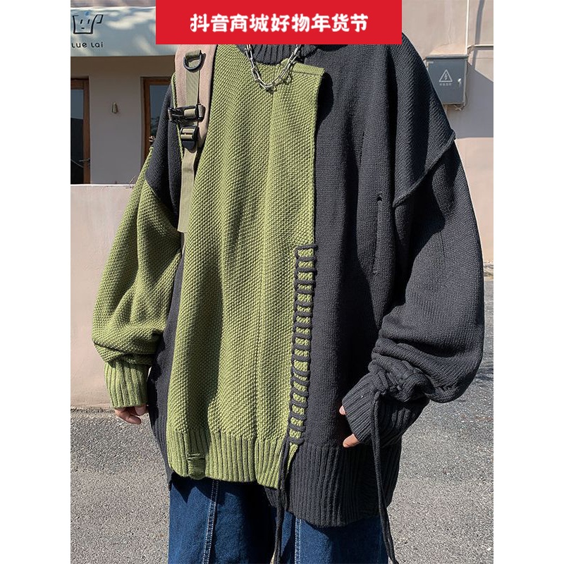 高领打底衫新款毛衣男牌拼接慵懒风线衣秋冬季百搭宽松情侣针织衫