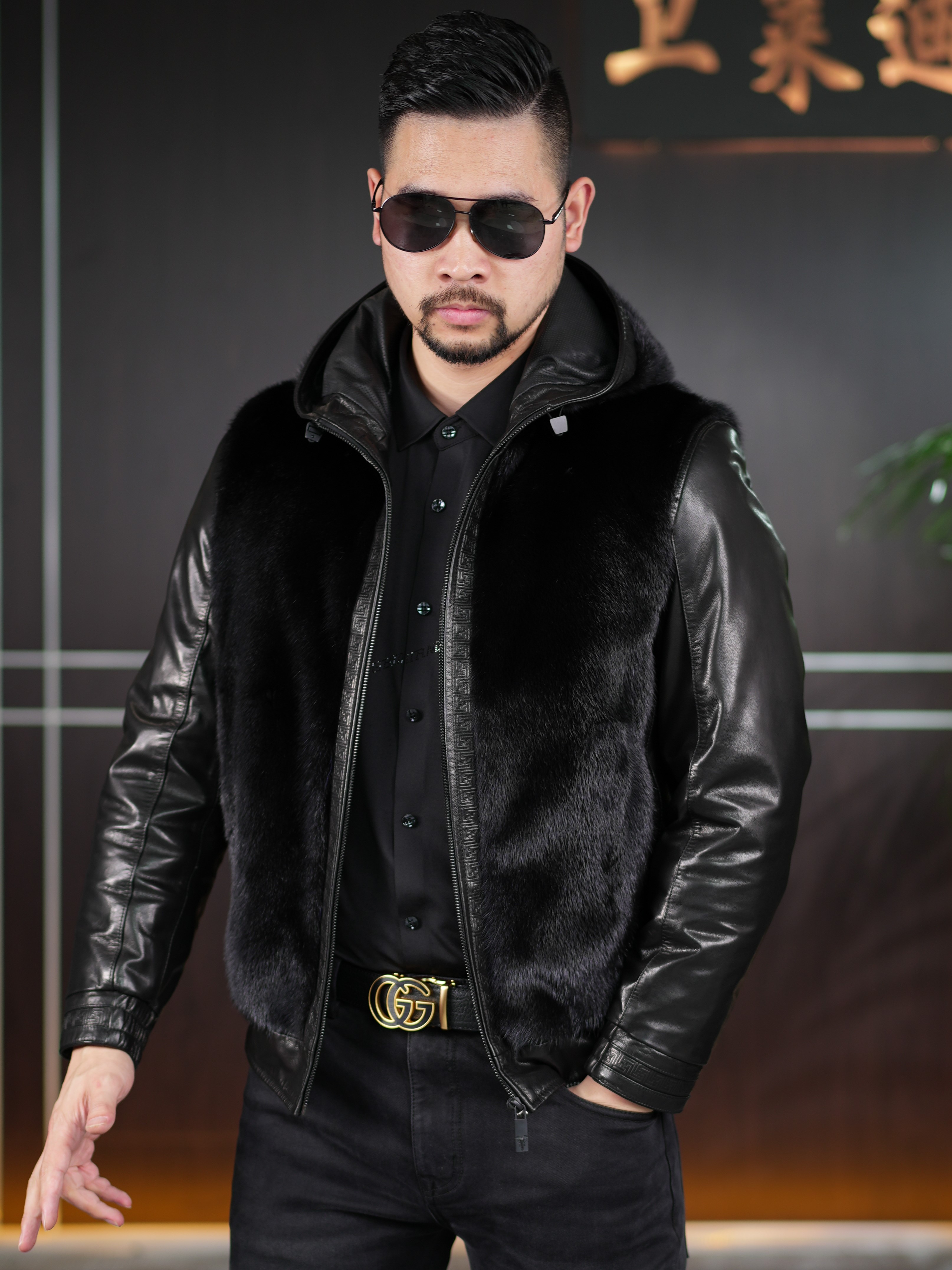 冬季 【卫莱迪】小山羊皮水貂毛百搭男士真皮皮衣鹅绒休闲 8589连帽