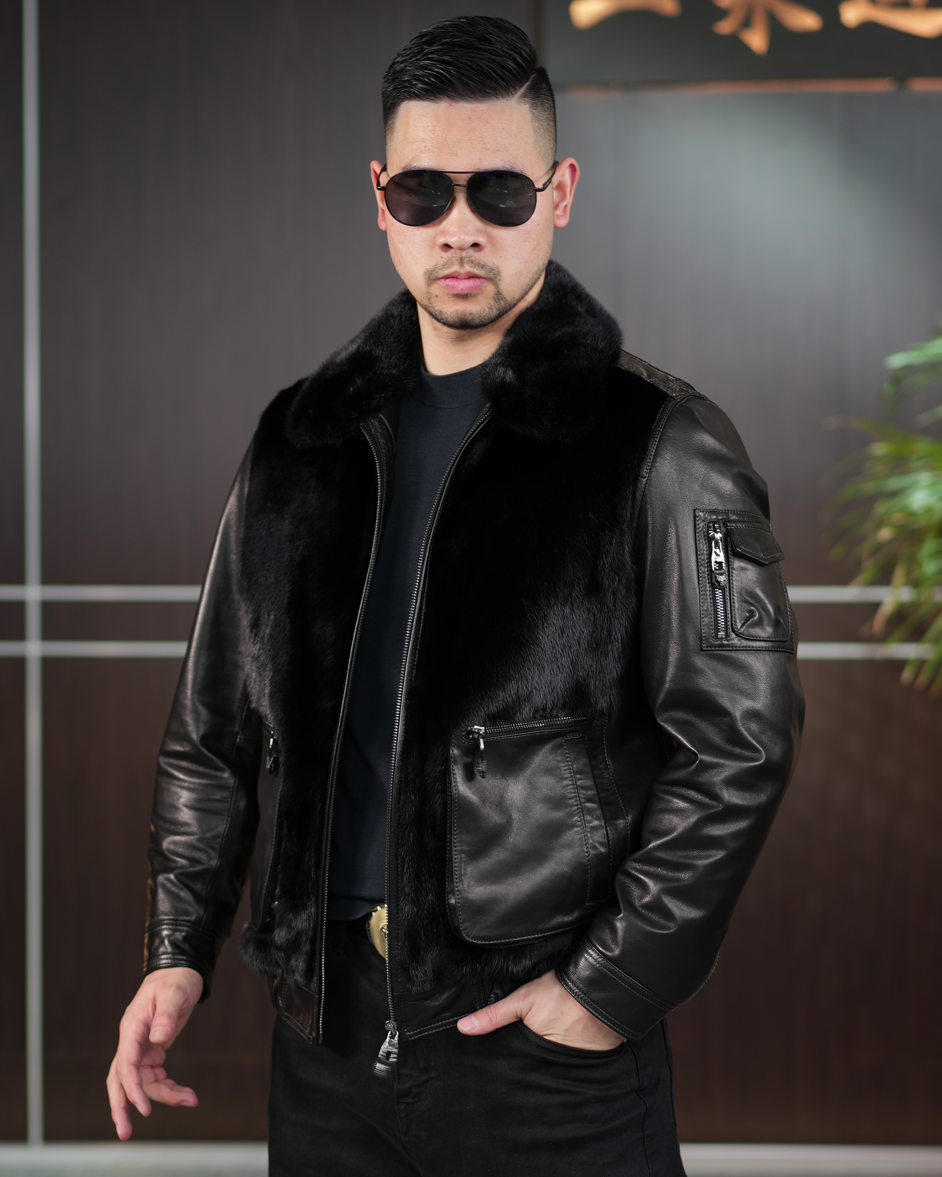  冬季 小山羊皮拼接毛【卫莱迪】时尚男士真皮皮衣休闲 修身3609