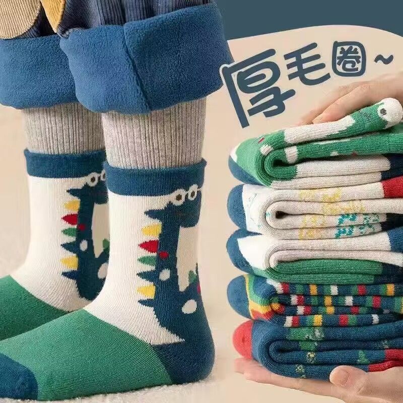 儿童袜子秋冬季加绒加厚毛圈袜男童袜子卡通恐龙中筒保暖袜子潮袜