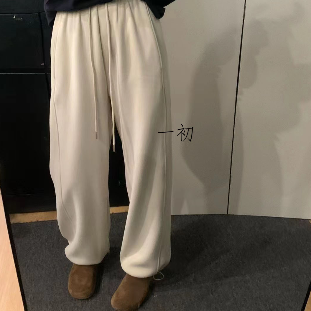 【一初】2024新款美式束脚抽绳宽松秋冬季加绒休闲米白休闲裤