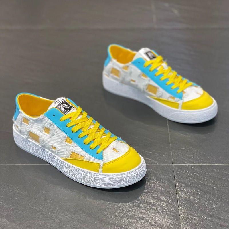 新款潮流平底透气百搭休闲潮男鞋运动鞋牛仔破洞拼色校园风板鞋