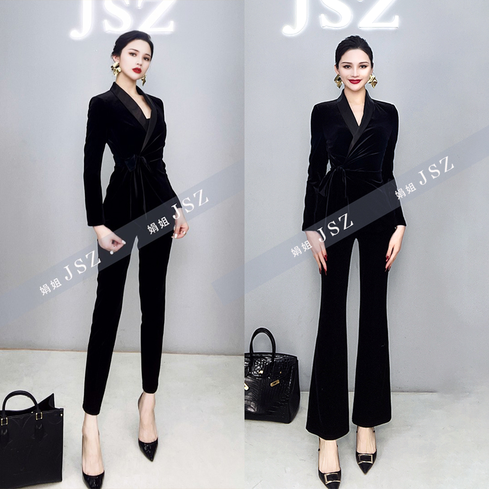 秋冬黑色高定修身韩国金丝绒显瘦女神大气职业显瘦西装套装000123