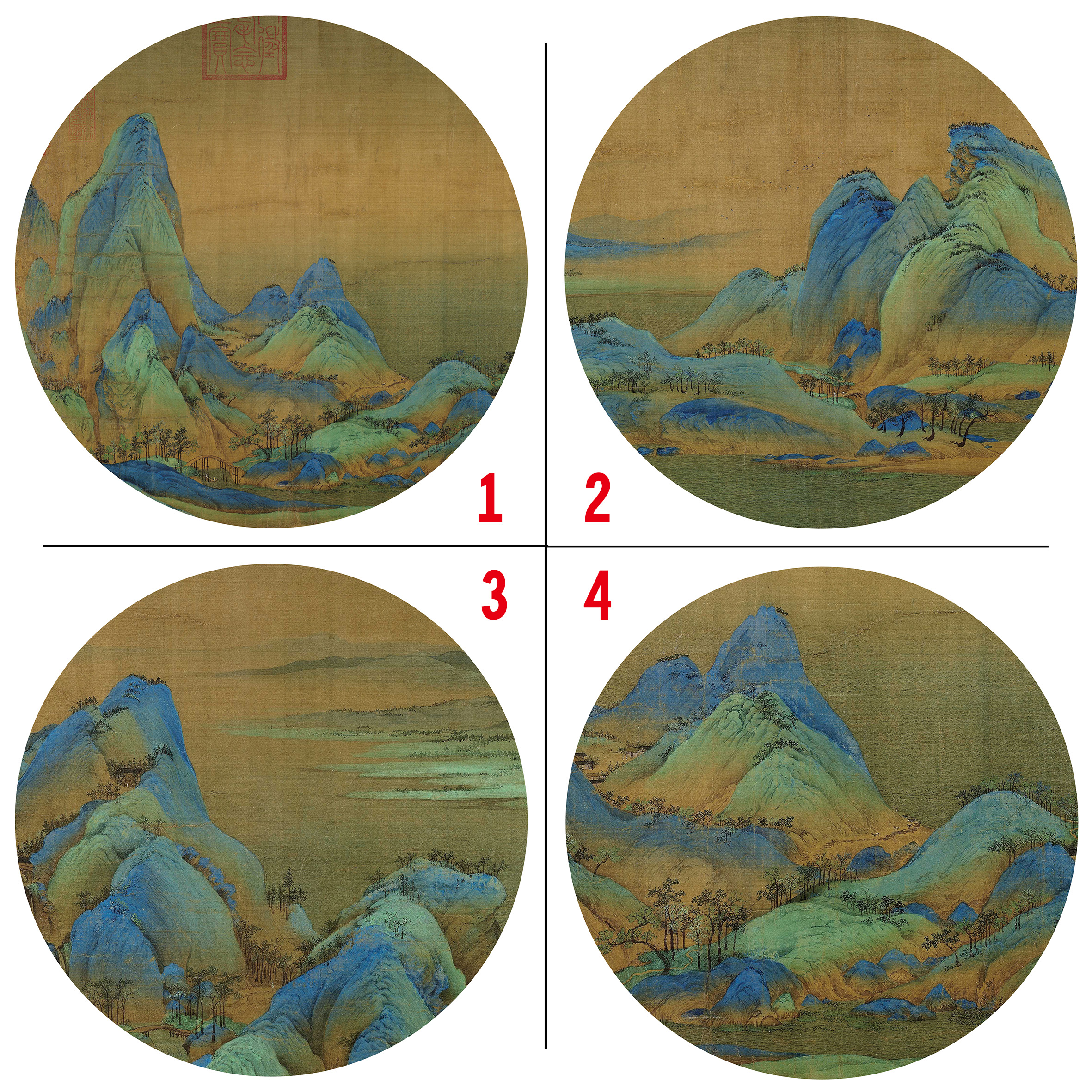 青绿山水教学一套28直径四幅送基础课带底稿彩图同大熟宣视频教学