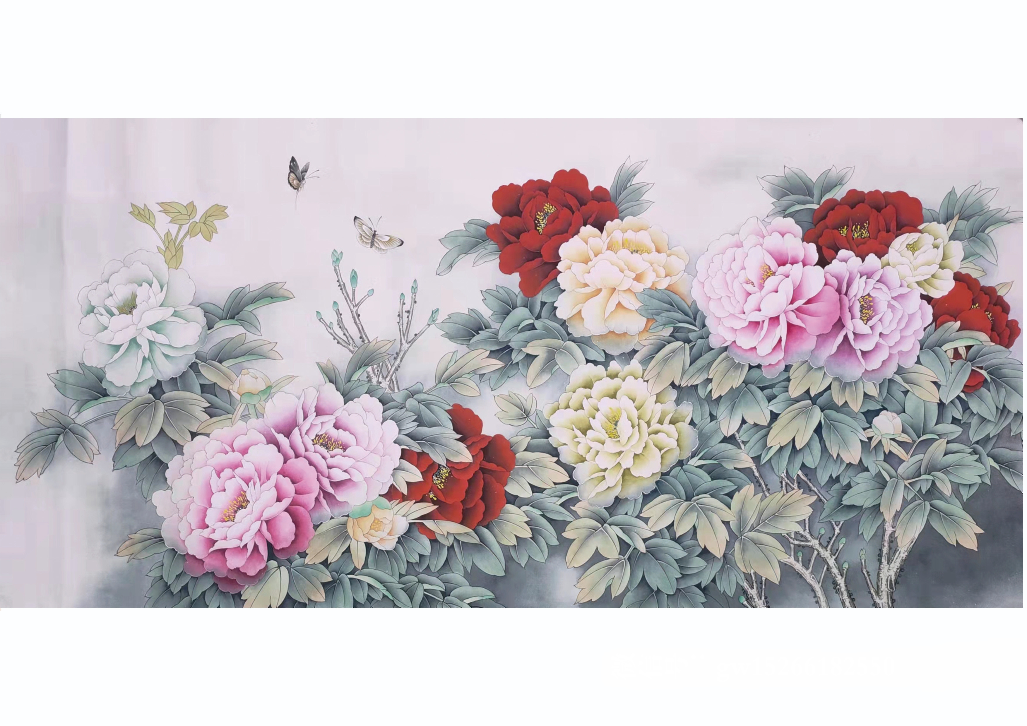 四尺横幅牡丹绘画学习套装内附实物打印白描底稿加彩图加绘画