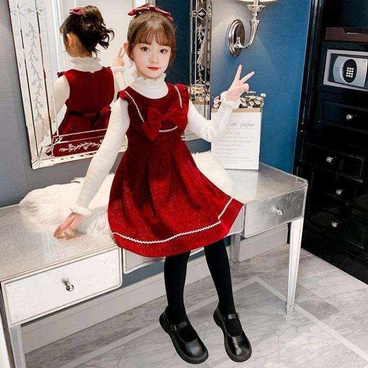 【冬季爆款】冬装过年红色裙子蝴蝶结拜年服儿童加厚背心裙两D22