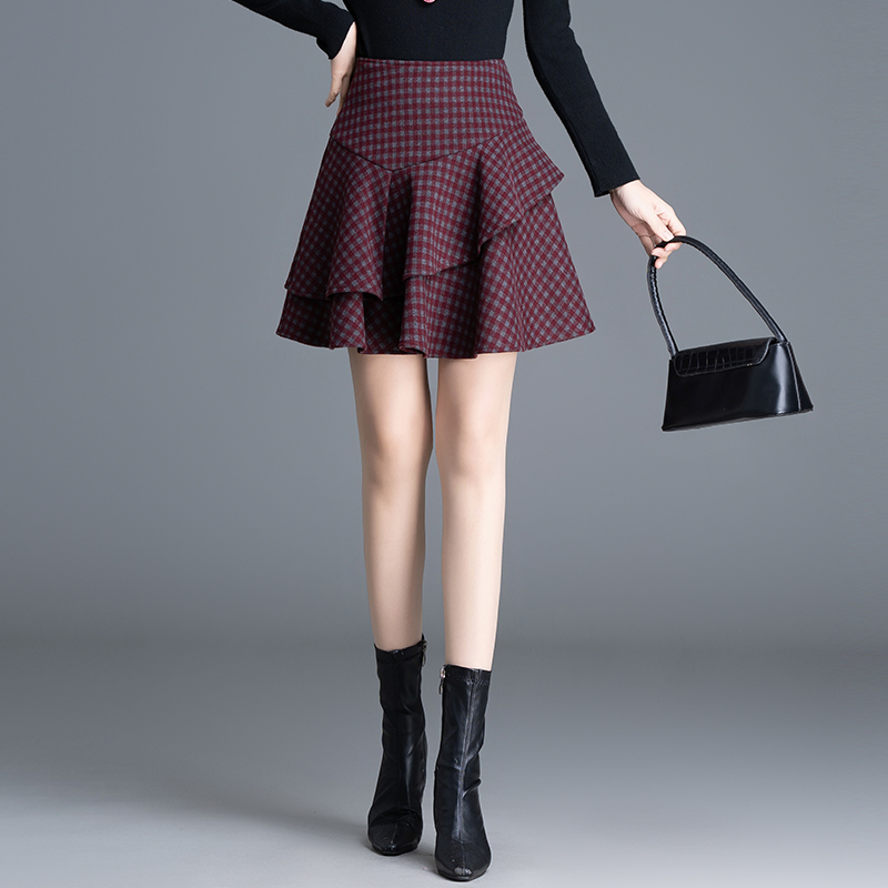 安格拉红气质格子蛋糕裙厚款高档毛呢半身短款显瘦半身裙90935