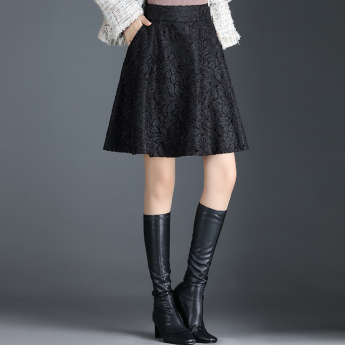 90008秋冬植绒A字裙裙子短裙高腰显瘦2025年新款百搭半身裙黑色