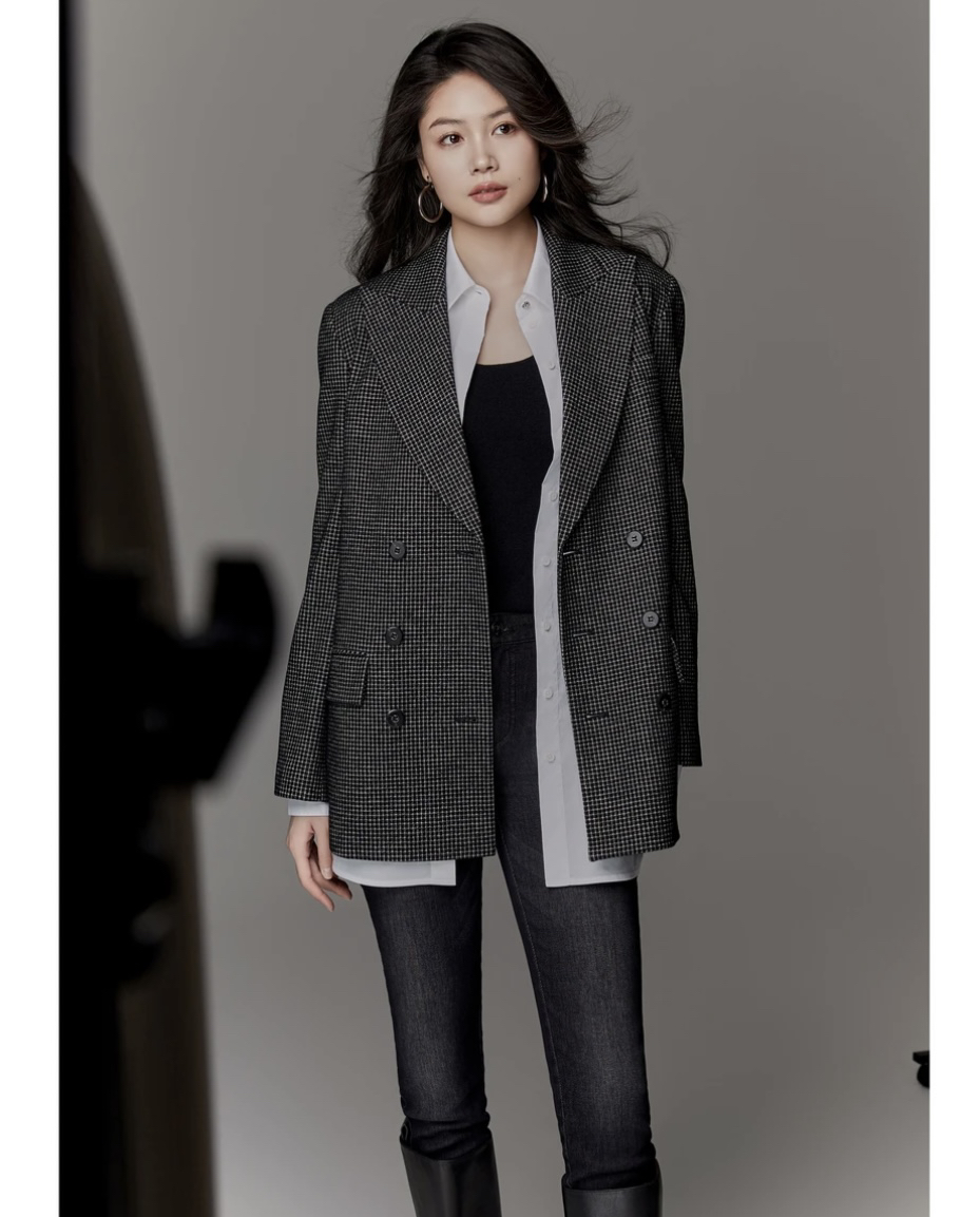 阿玛施AMASS·23年新款细格纹男友风西装外套5400868中长款翻领