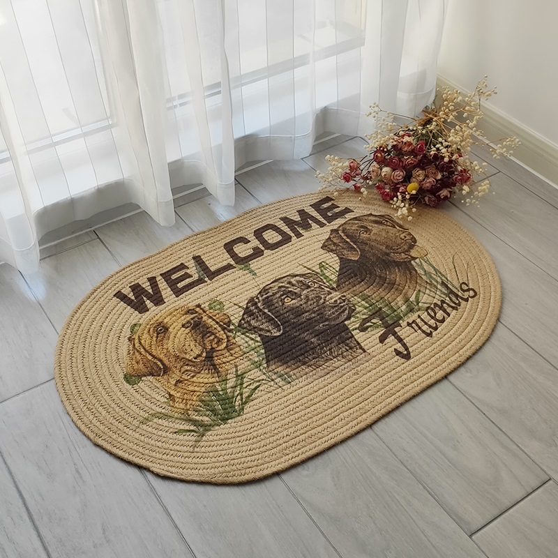 北欧ins手工编织黄麻地垫 卧室门垫玄关入户脚垫蹭土垫子印花地毯