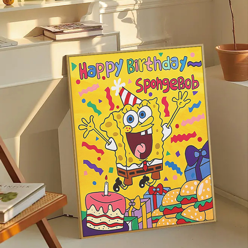 海绵宝宝全家福数字油画diy油彩画生日快乐丙烯涂鸦填充卡通动漫