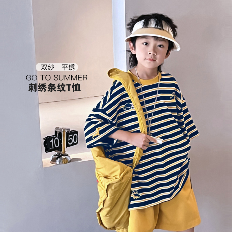潮牌童装儿童条纹t恤圆领男童短袖夏装中大童洋气上衣4059820O5