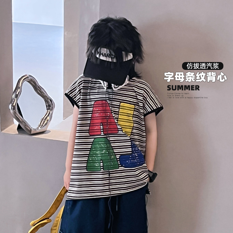 儿童条纹背心夏季韩版男童女童洋气无袖T恤宽松上衣4068517O8