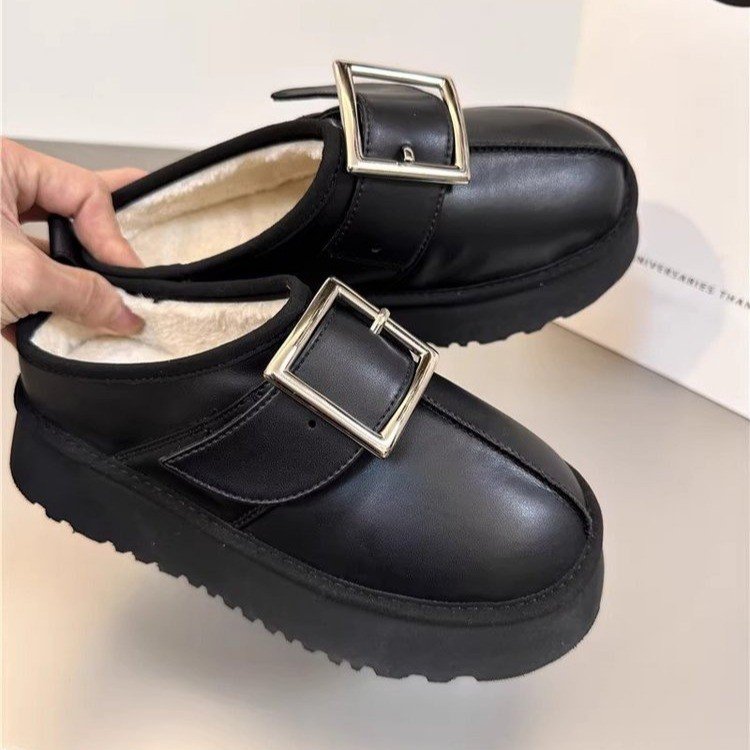 雪地靴防滑包头毛绒拖鞋女2023年秋冬新款方扣厚底毛毛鞋增高棉鞋