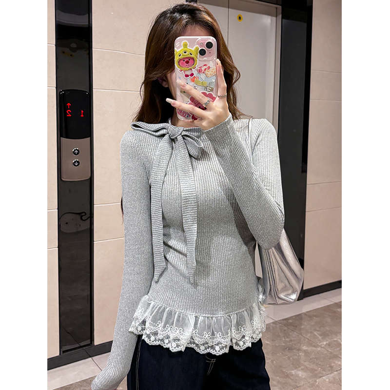 秋冬小众设计蝴蝶结系带修身打底衫芭蕾风白色气质时尚百搭T恤女