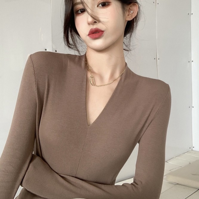 打底衫女春秋季V领洋气修身显瘦辣妹低领T恤长袖咖色内搭紧身上衣