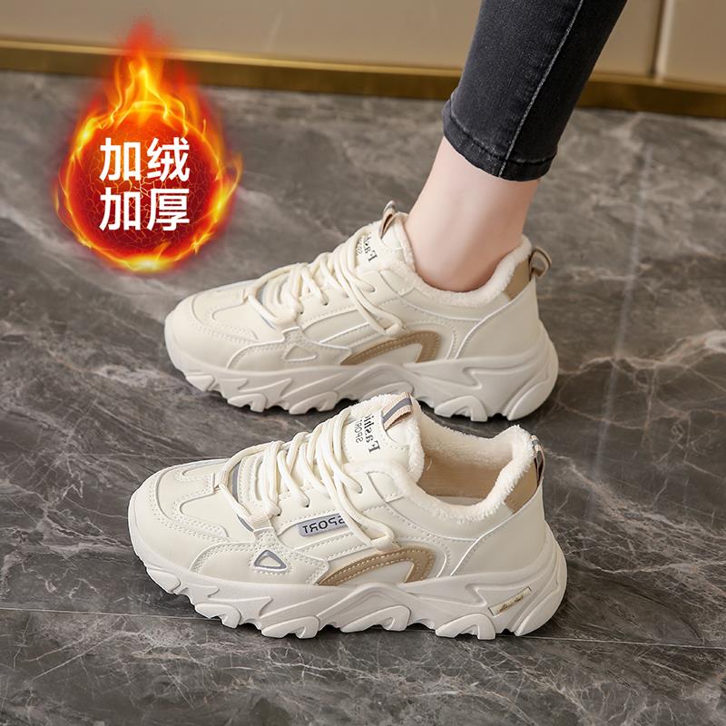 安踏流行真皮小码34运动老爹鞋女冬季加绒棉鞋2023新款百搭软底学