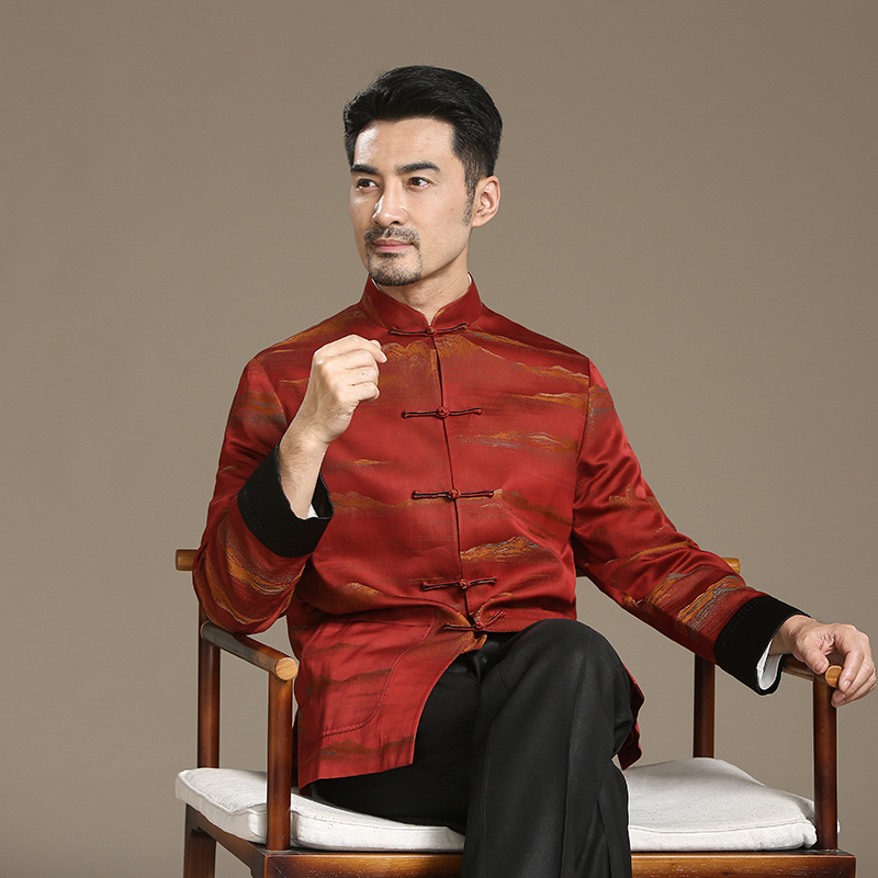 宋锦高档唐装男中老年春秋外套中式立领盘扣宴会爸爸装