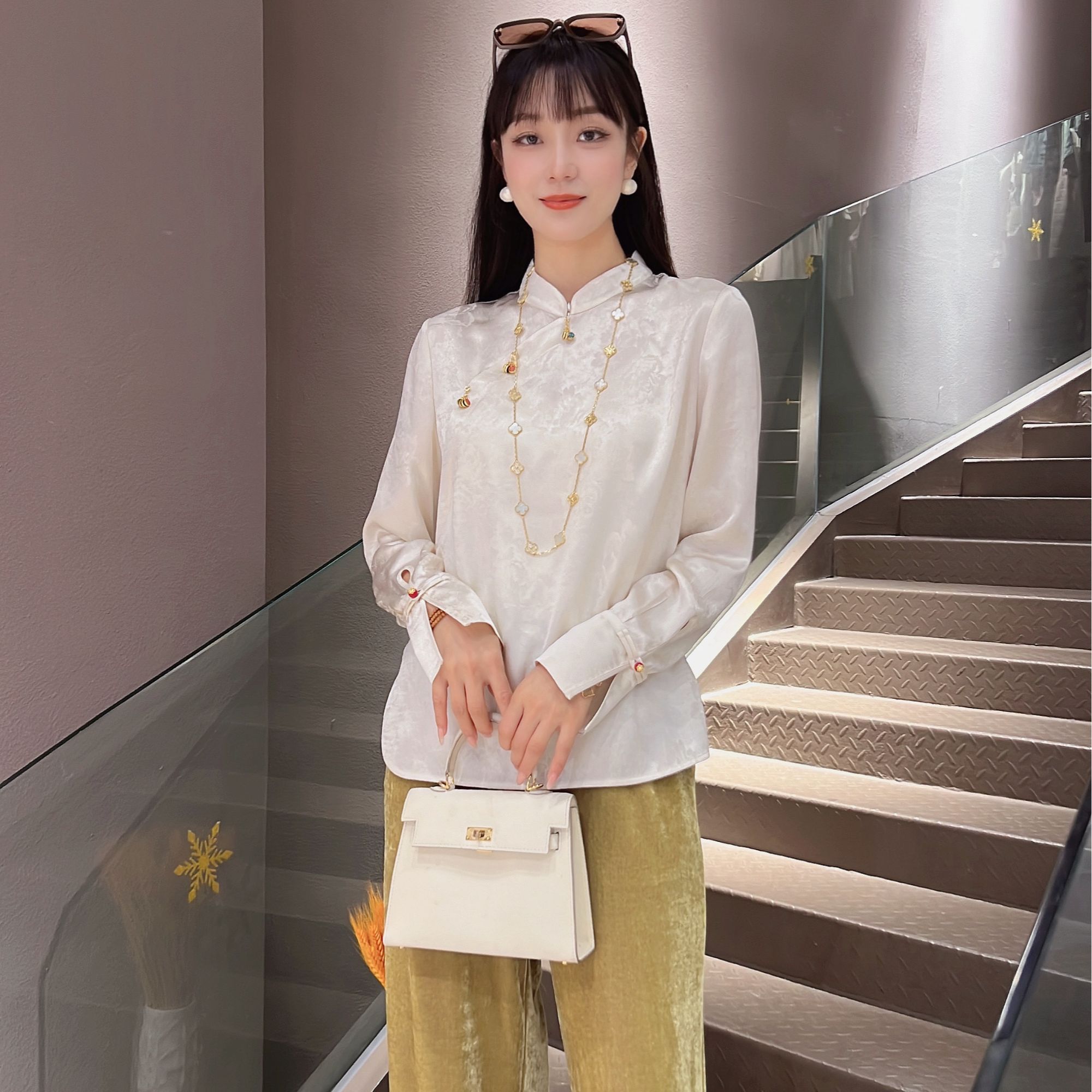 《秀秀定制》时尚秋季显瘦日常气质新中式提花醋酸立领长袖衬衫2350