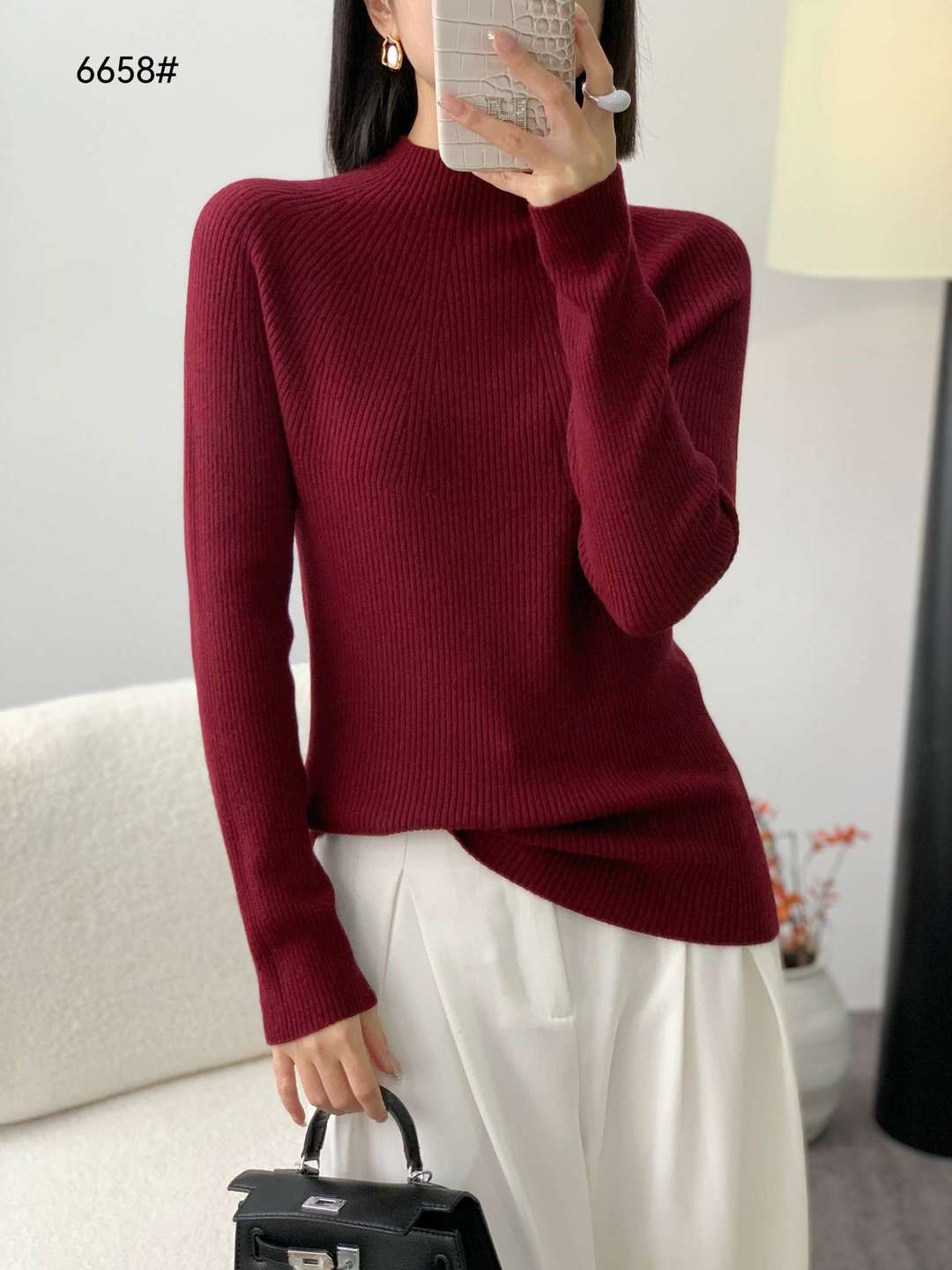 优雅显瘦半高领绵羊绒针织衫女冬季洋气修身毛衣百搭打底衫6658