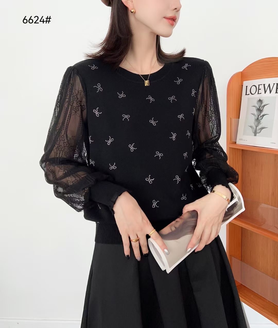 2024秋季新款显瘦圆领上衣蝴蝶结印花气质套头针织衫长袖6624