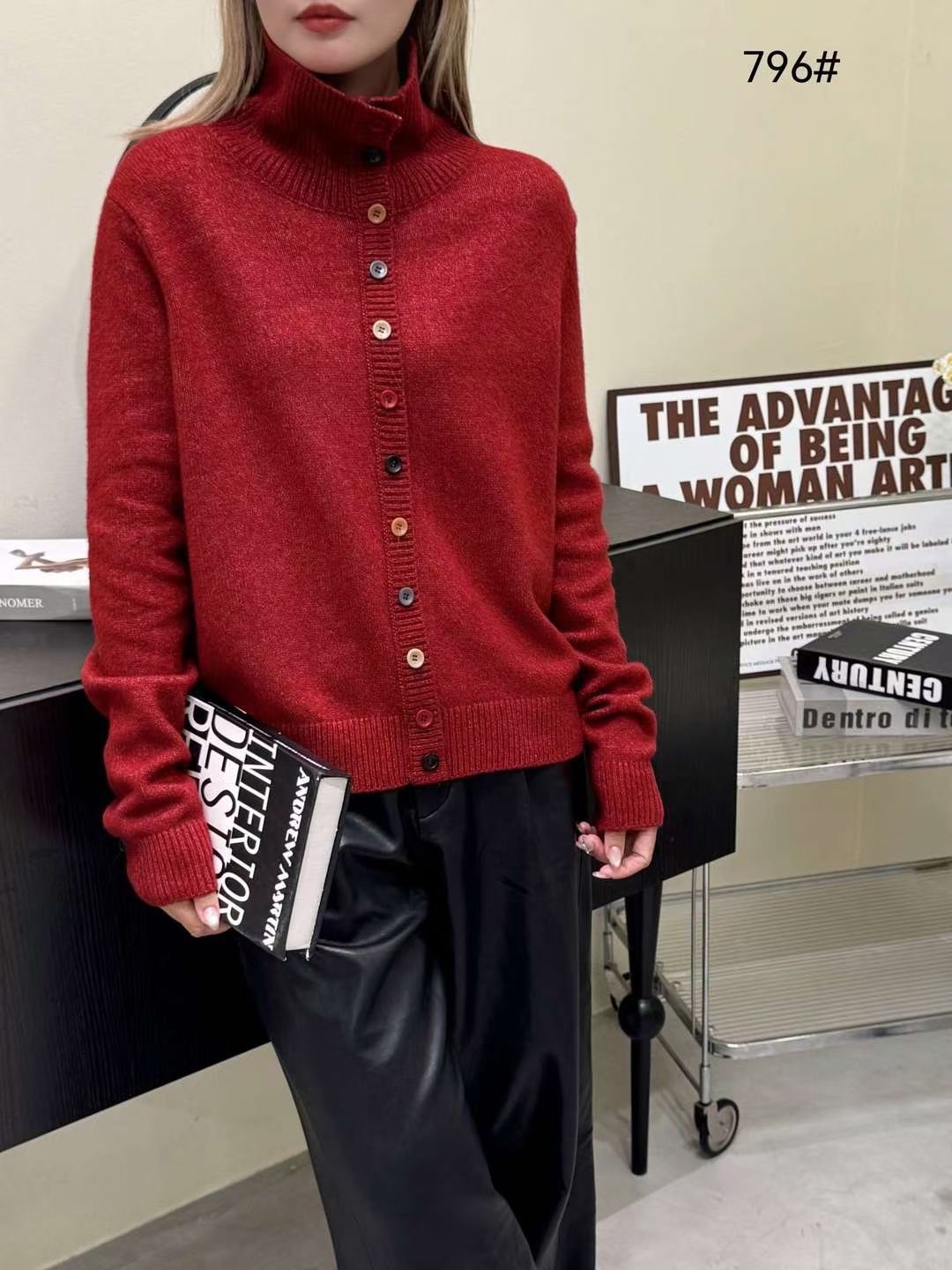 2024新款冬季高领打底毛衣彩扣气质减龄纯色长袖针织开衫796