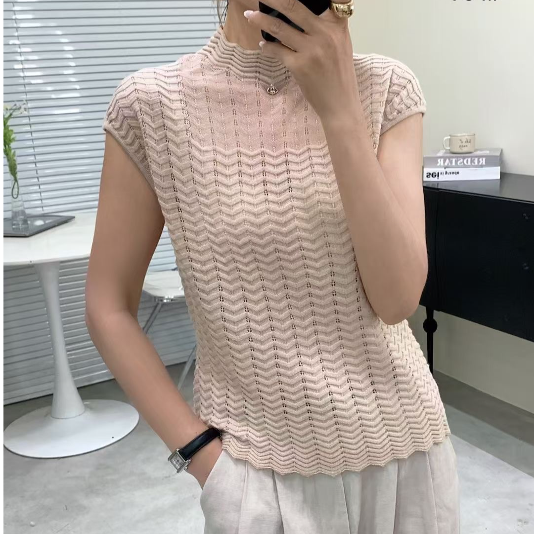 2025春夏新款麻花镂空短袖针织衫女修身内搭半高领休闲上衣704