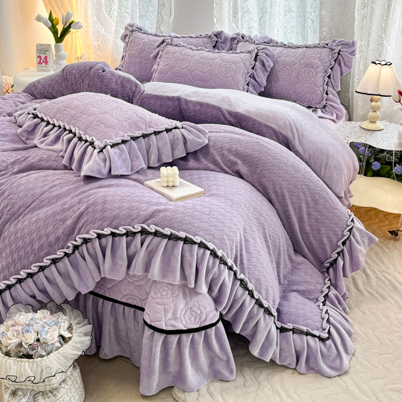 韩版纯色牛奶绒床盖四件套夹棉加厚单双面绒公主风花边加绒床盖