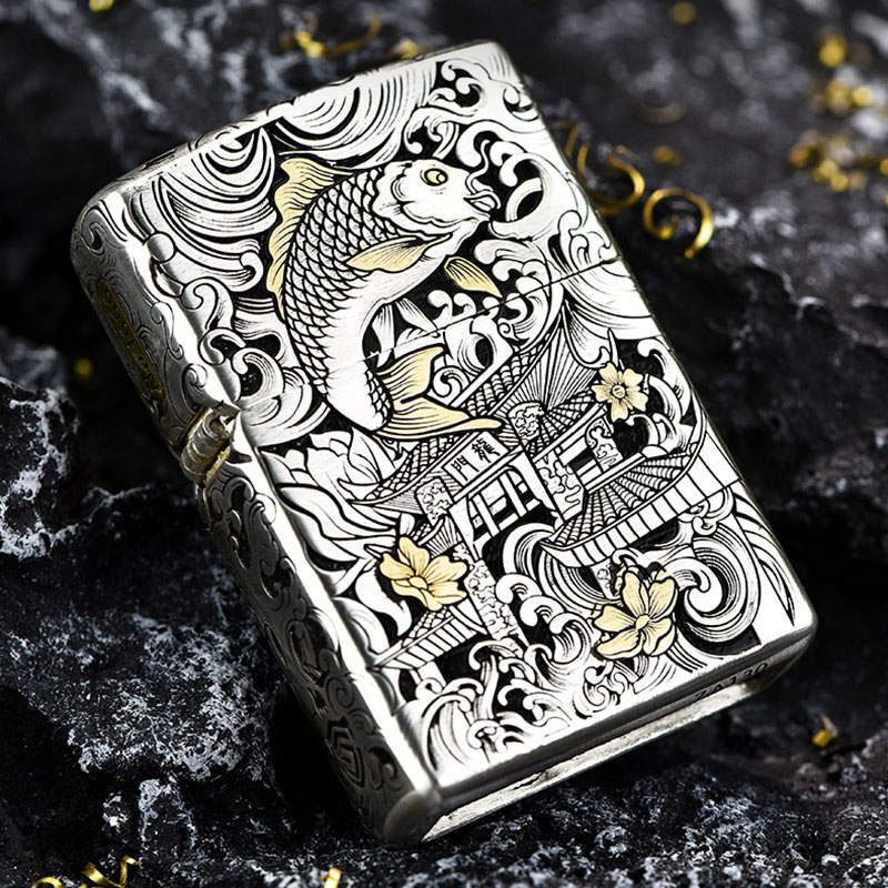 Zippo/之宝错金银浮雕钢甲锦鲤鱼跃龙门官方正品重甲机礼DYJ1