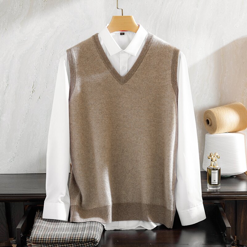 经典男士V领花纱纯山羊绒马甲凸显优雅绅士风30