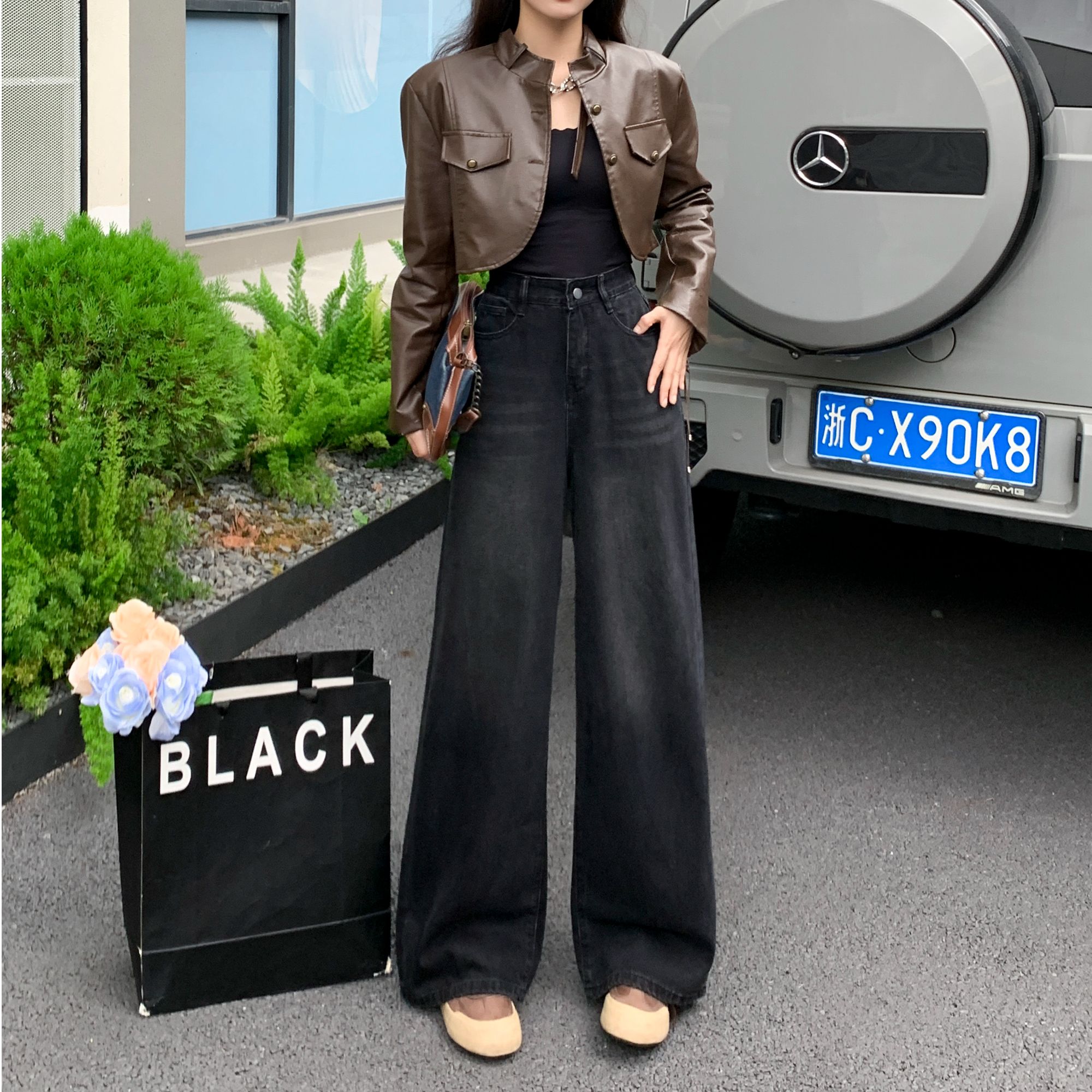 2025秋款黑灰色牛仔裤A字版高腰显瘦宽裤脚阔腿裤拖地裤牛仔裤
