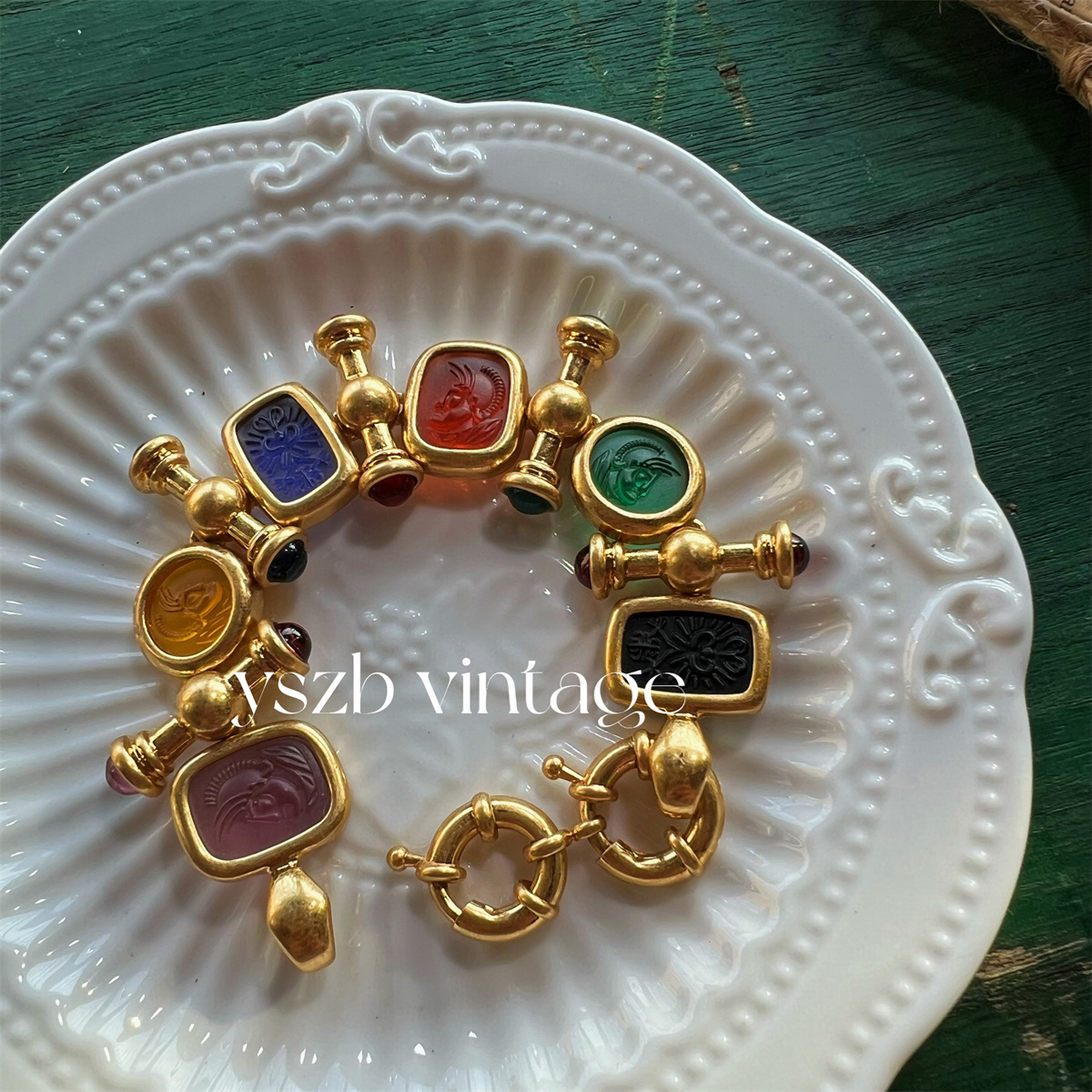 铜合金琉璃手链 复古宫廷风彩色印章琉璃T扣手链重工vintage法式