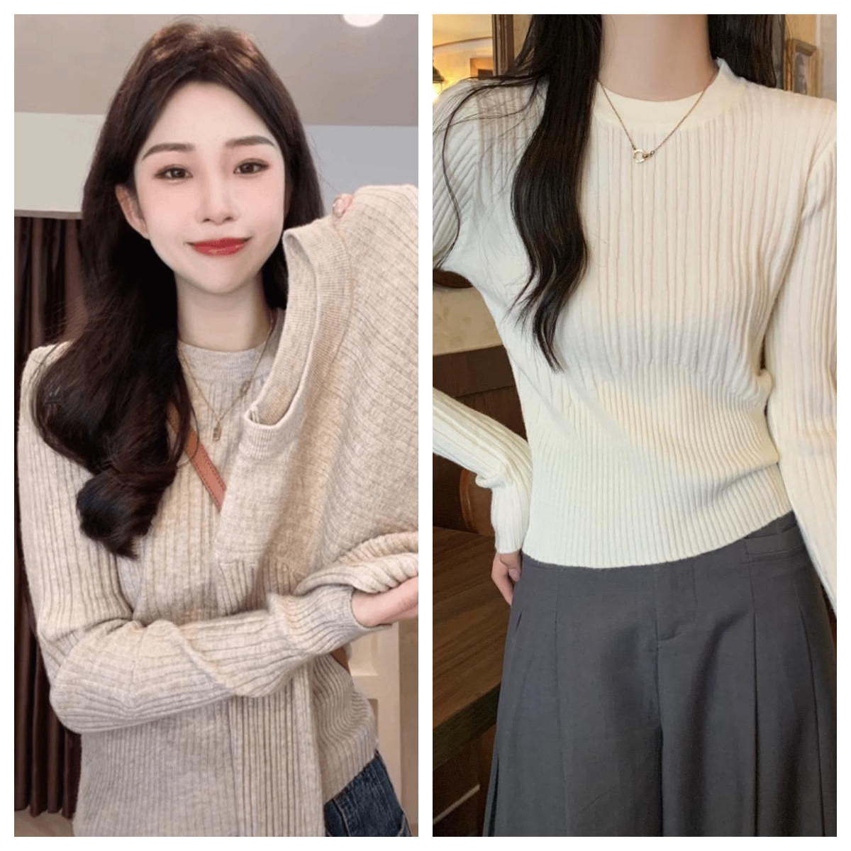 圆领长袖针织衫打底衫女2025秋冬新款短款内搭坑条纹修身B0011