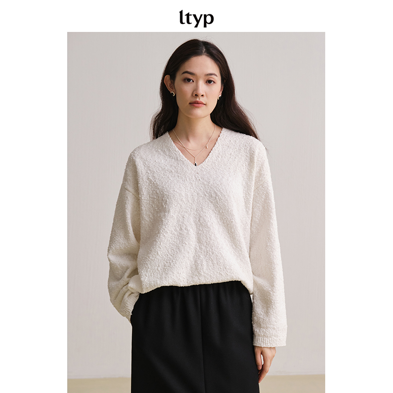 ltyp旅途原品｜豆豆花纱V领毛衣优雅慵懒落肩袖上衣女Y155241077