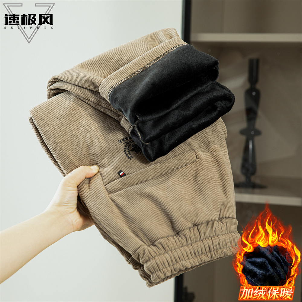 秋冬季新款加绒加厚保暖裤男士灯芯绒休闲直筒裤条纹大码宽松裤子