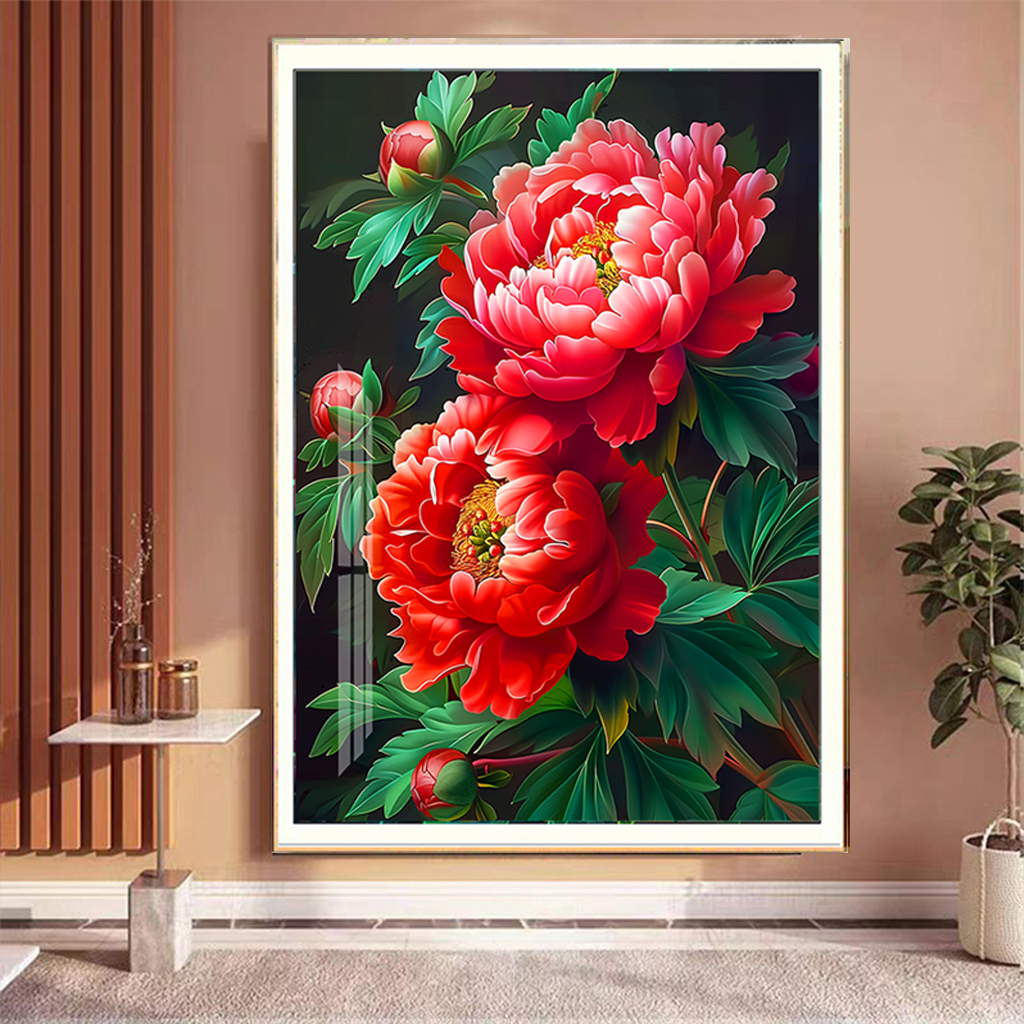 （喜洋洋定制）富贵红牡丹满绣大格38色线绣手工餐厅新手玄关十字绣