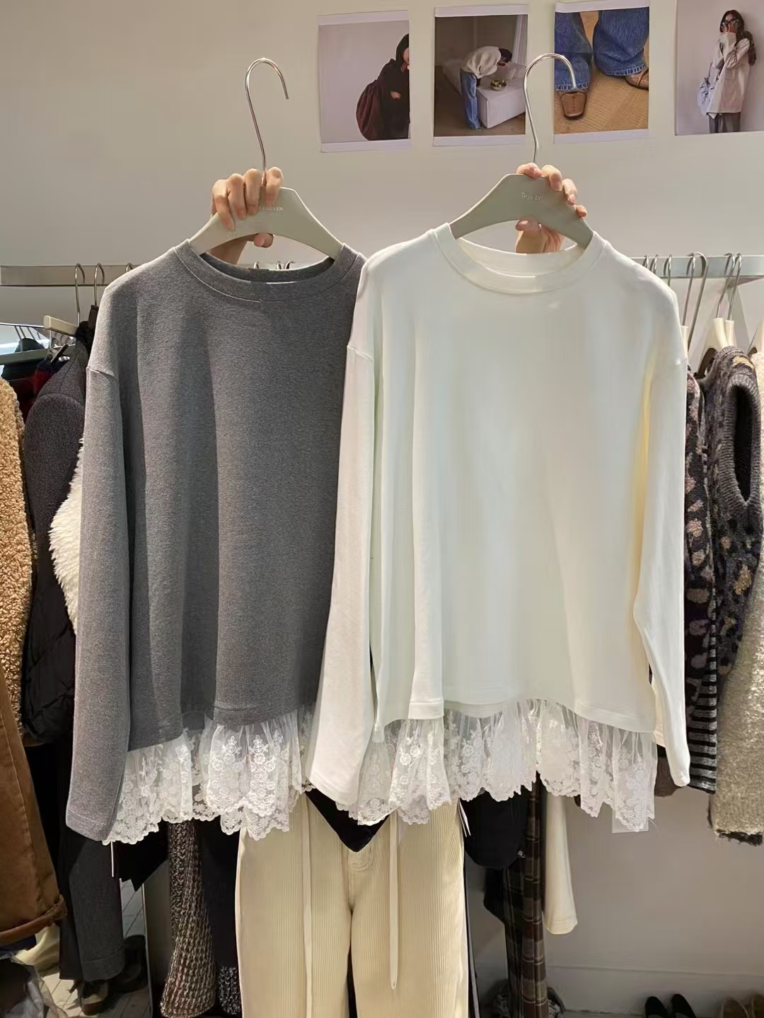 冬季蕾丝拼接磨毛长袖t恤女宽松百搭小众内搭上衣