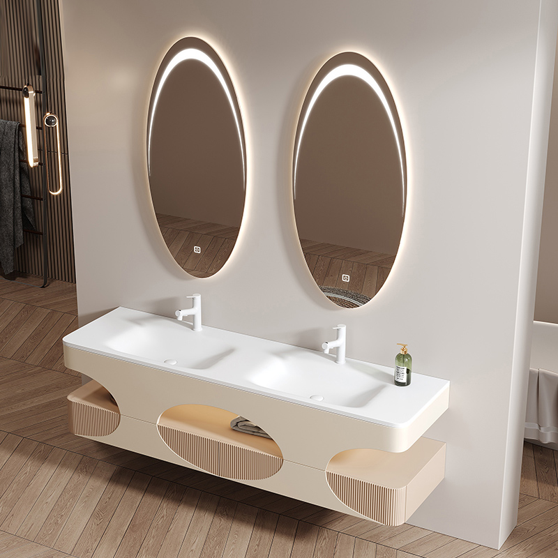 福艺斯酒店轻奢风双盆浴室柜组合橡胶木烤漆实木洗脸盆洗手台定制