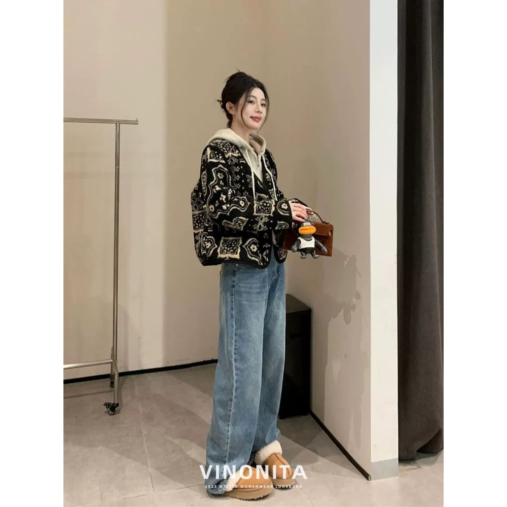 韩国东大门高级感复古印花V领双排扣外套冬季加厚上衣