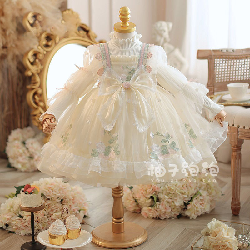 洛丽塔女童公主裙秋冬小女孩粉色连衣裙儿童半高领针织裙加绒冬装