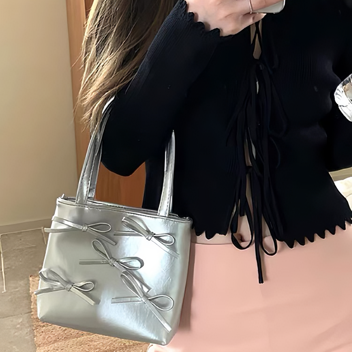 2025新款甜美蝴蝶结迷你手提小方包托特小包包女高级感链条斜挎包