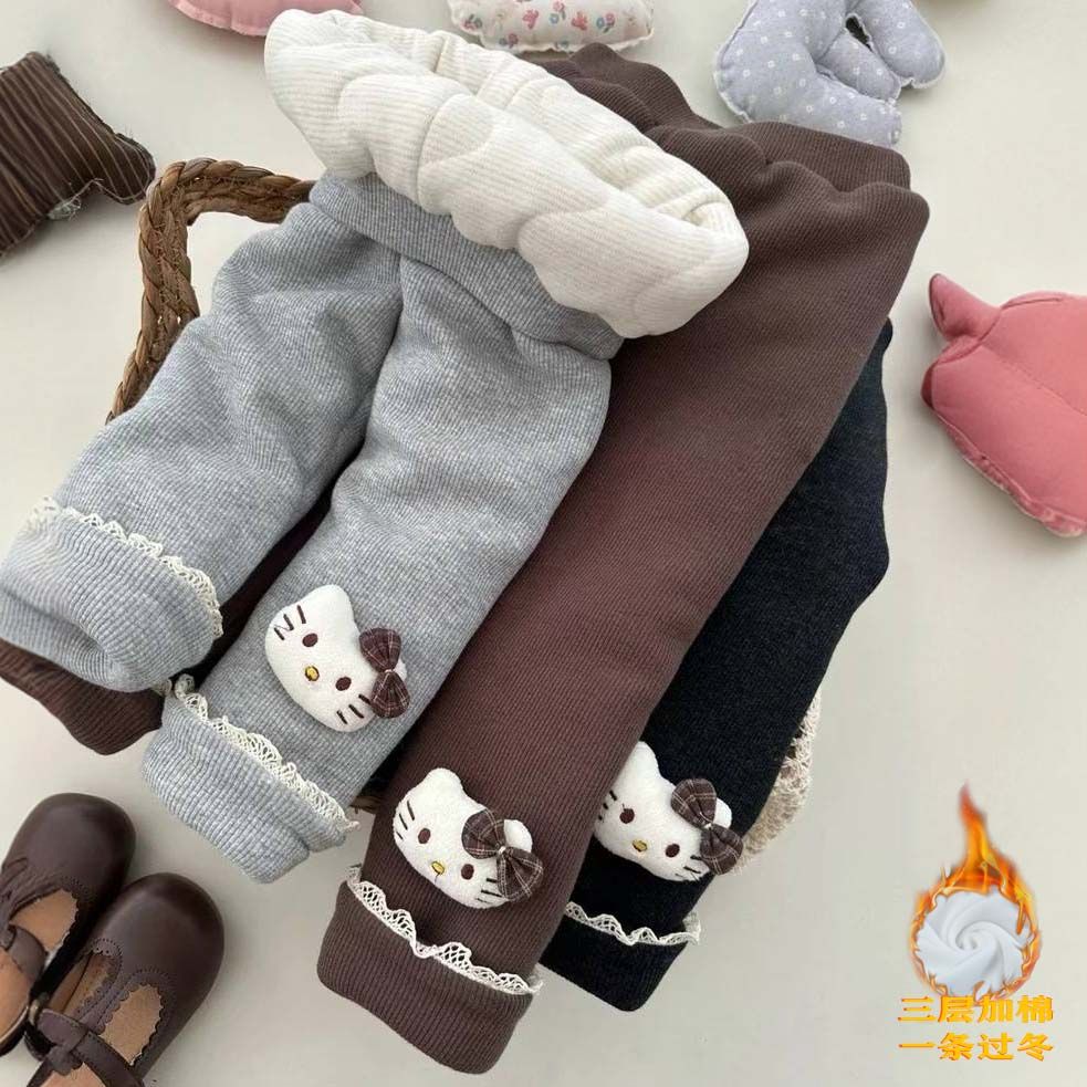 女童冬季三层夹棉打底裤宝宝卡通洋气保暖裤儿童韩版拼接蕾丝外穿
